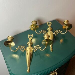 Vintage 1980's Pair Solid Polished Brass Double Arm wall Sconces Signed EB